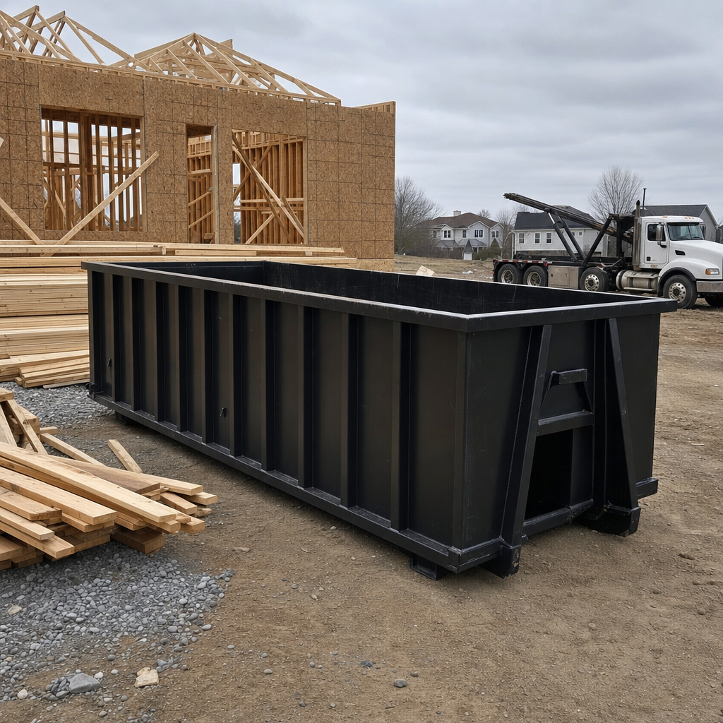 Matte-black 40-yard roll-off dumpster staged on a framed-out residential construction site in Dearborn, framing lumber stacked nearby, hooklift delivery truck visible in the background under bright Colorado daylight