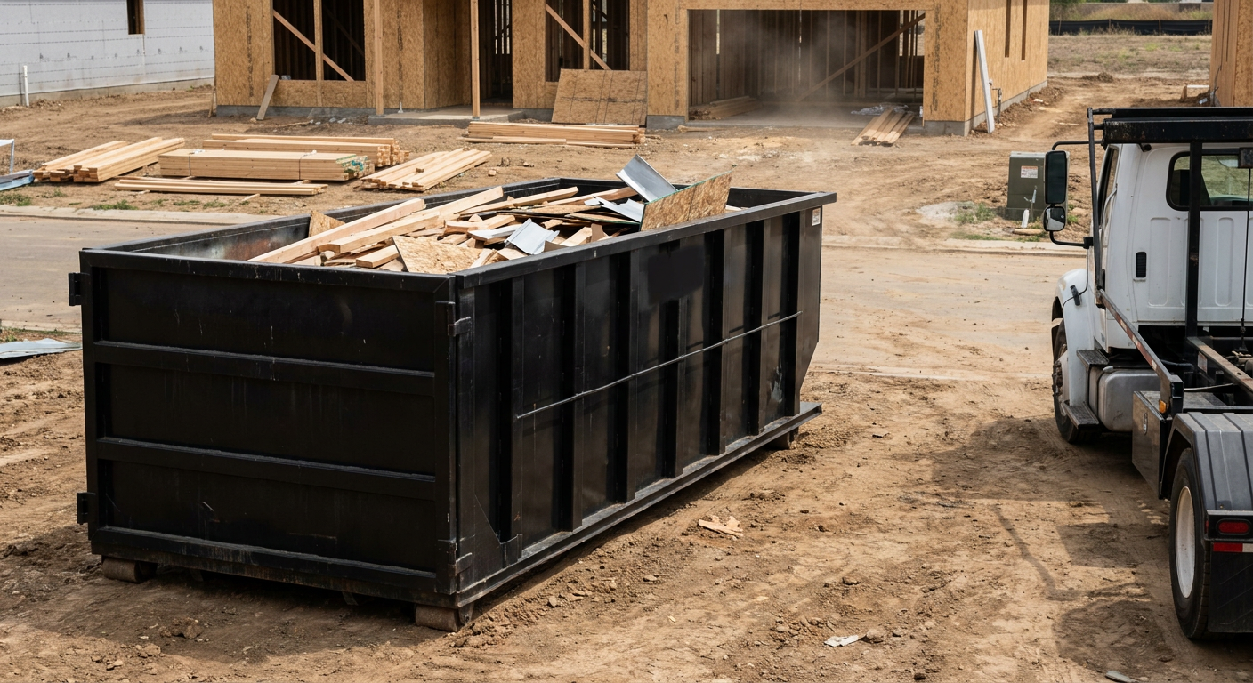 Matte-black 20-yard roll-off construction dumpster with heavy ribbed steel sidewalls and swing rear doors at a working jobsite in Dearborn, sitting directly on compacted dirt with an unmarked white hauler partially visible at the far edge of the frame.