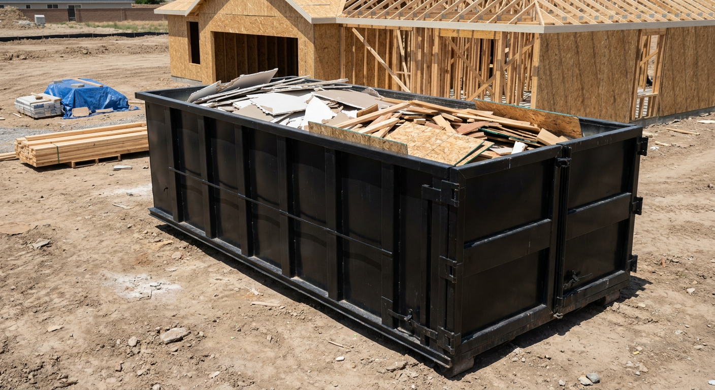 Matte-black 30-yard roll-off construction dumpster sitting directly on the compacted-dirt site of a framed single-family home build in Dearborn, drywall and lumber scrap loaded inside.