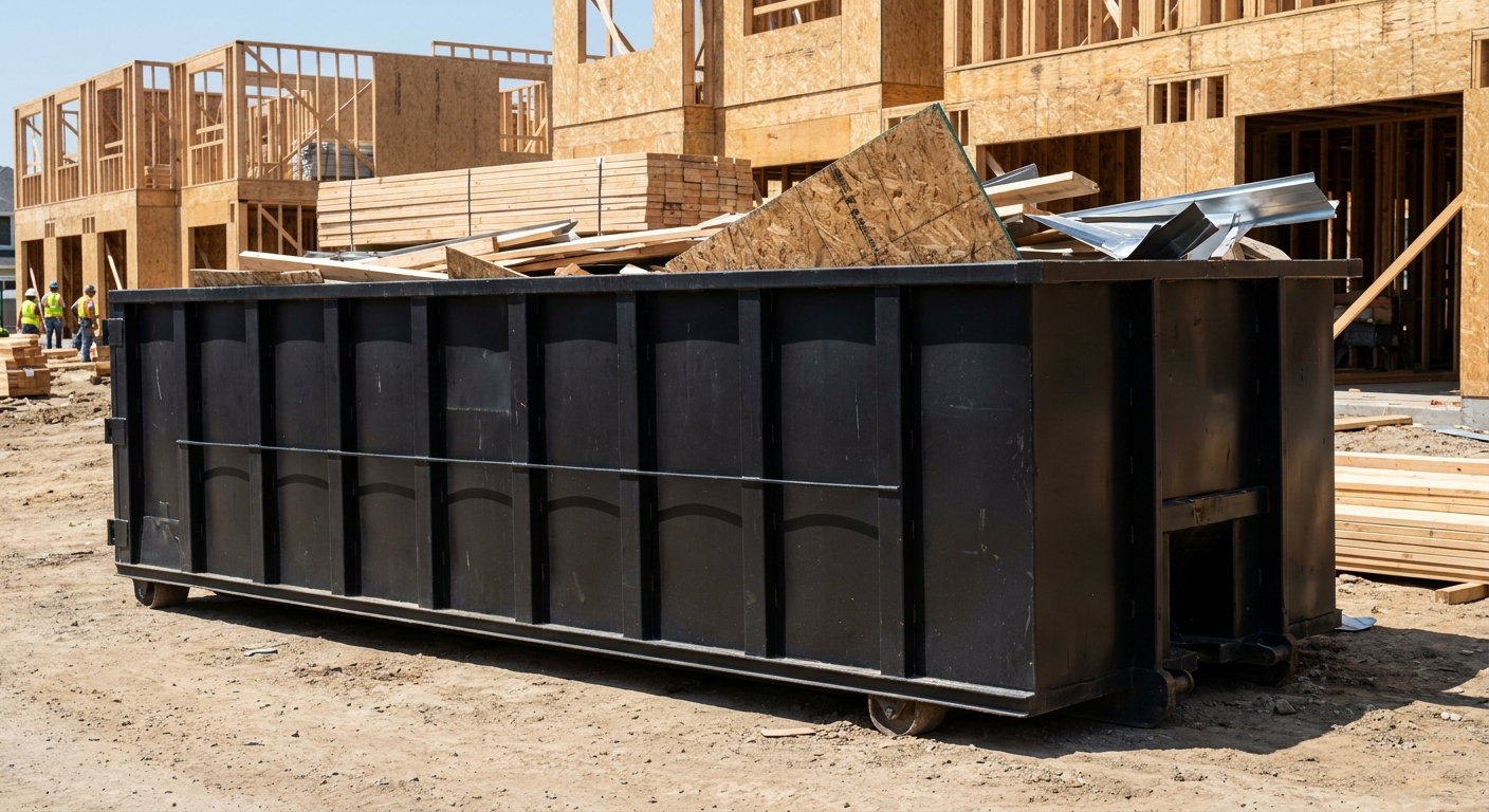 Matte-black 40-yard roll-off construction dumpster being lowered from a white-cab hooklift delivery truck onto the compacted-dirt jobsite at a commercial build site in Dearborn