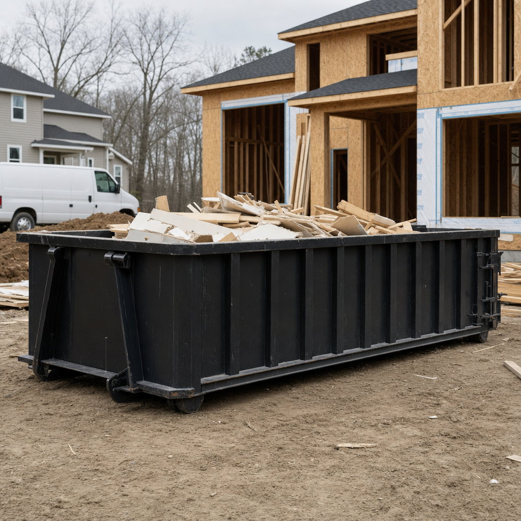 Worker in a yellow high-visibility vest tossing framing lumber and broken drywall into a matte-black 30-yard construction roll-off dumpster on an active build site in Dearborn, bright daylight