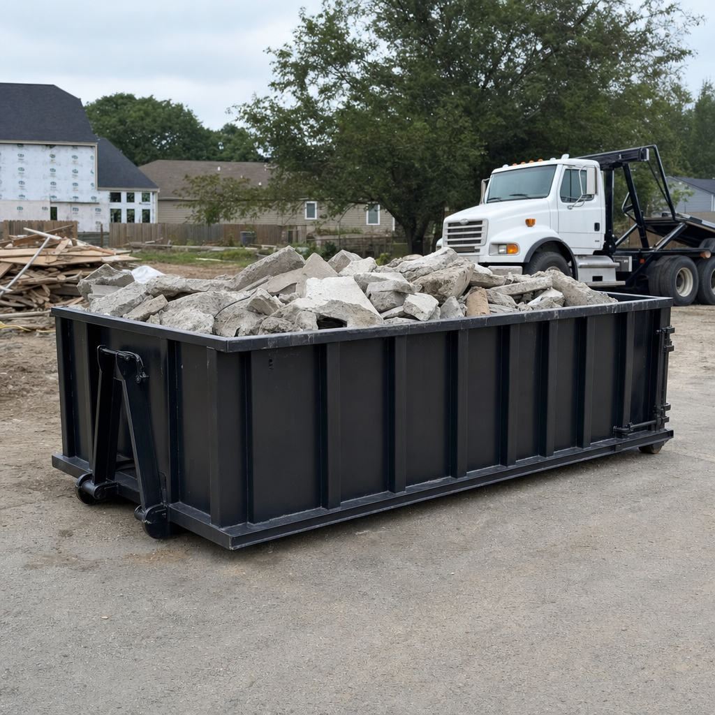Low-profile matte-black lowboy roll-off dumpster loaded with broken concrete slab and rebar at a foundation tear-out in Dearborn, skid steer parked beside it, sunny Colorado morning