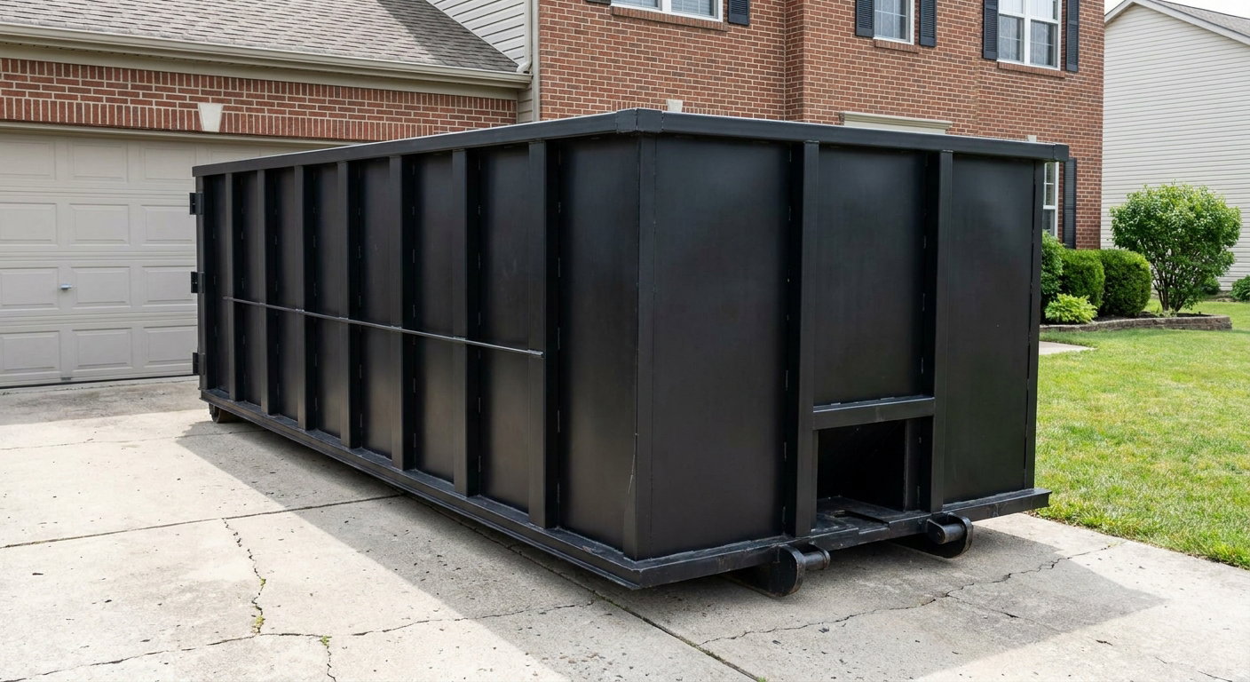 Matte-black 20-yard roll-off container on a Dearborn residential concrete driveway with reinforced ribbed steel sidewalls and a hinged rear walk-in door, clean bright daylight.