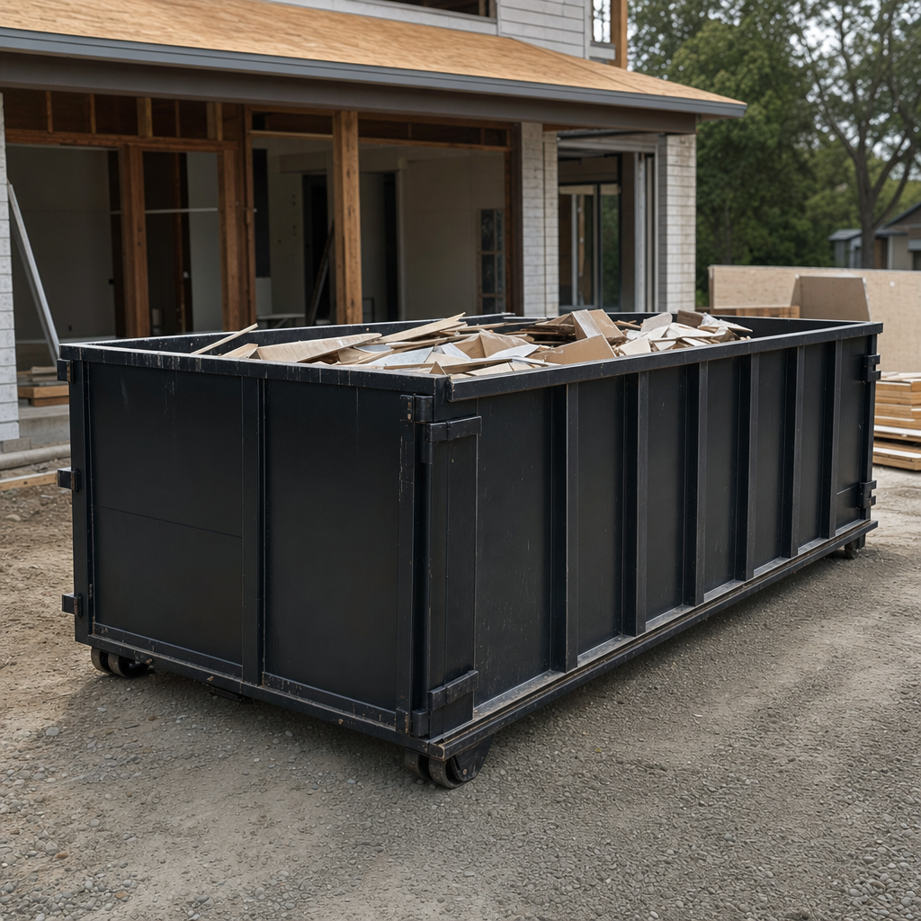 Large matte-black 30-yard construction roll-off dumpster at an active Dearborn jobsite, steel-gray top rails and bottom rollers visible, loaded with construction debris.