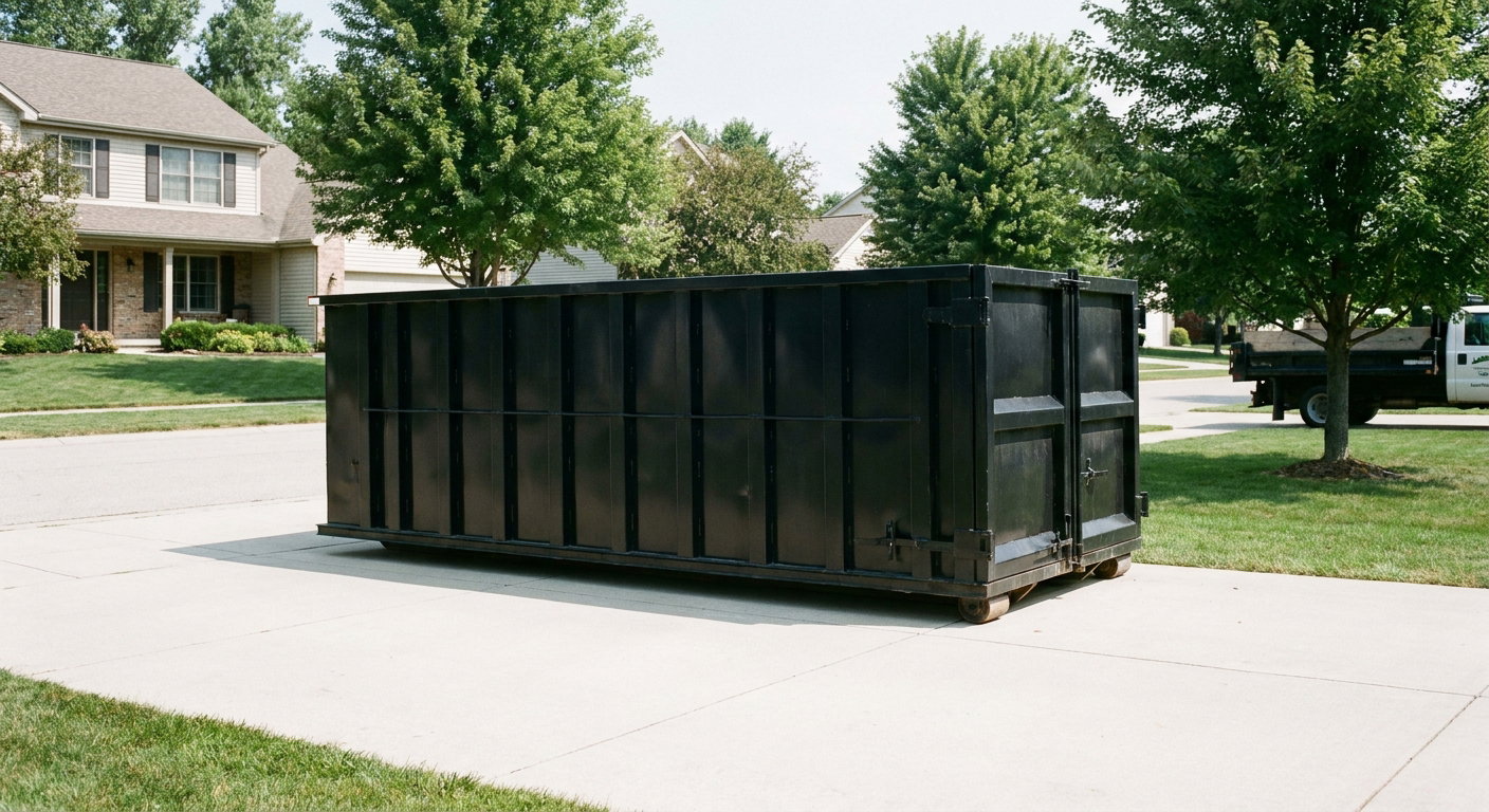 Matte-black 20-yard roll-off dumpster sitting level on a clean Dearborn residential concrete driveway under bright daylight, demonstrating clean placement directly on the concrete.