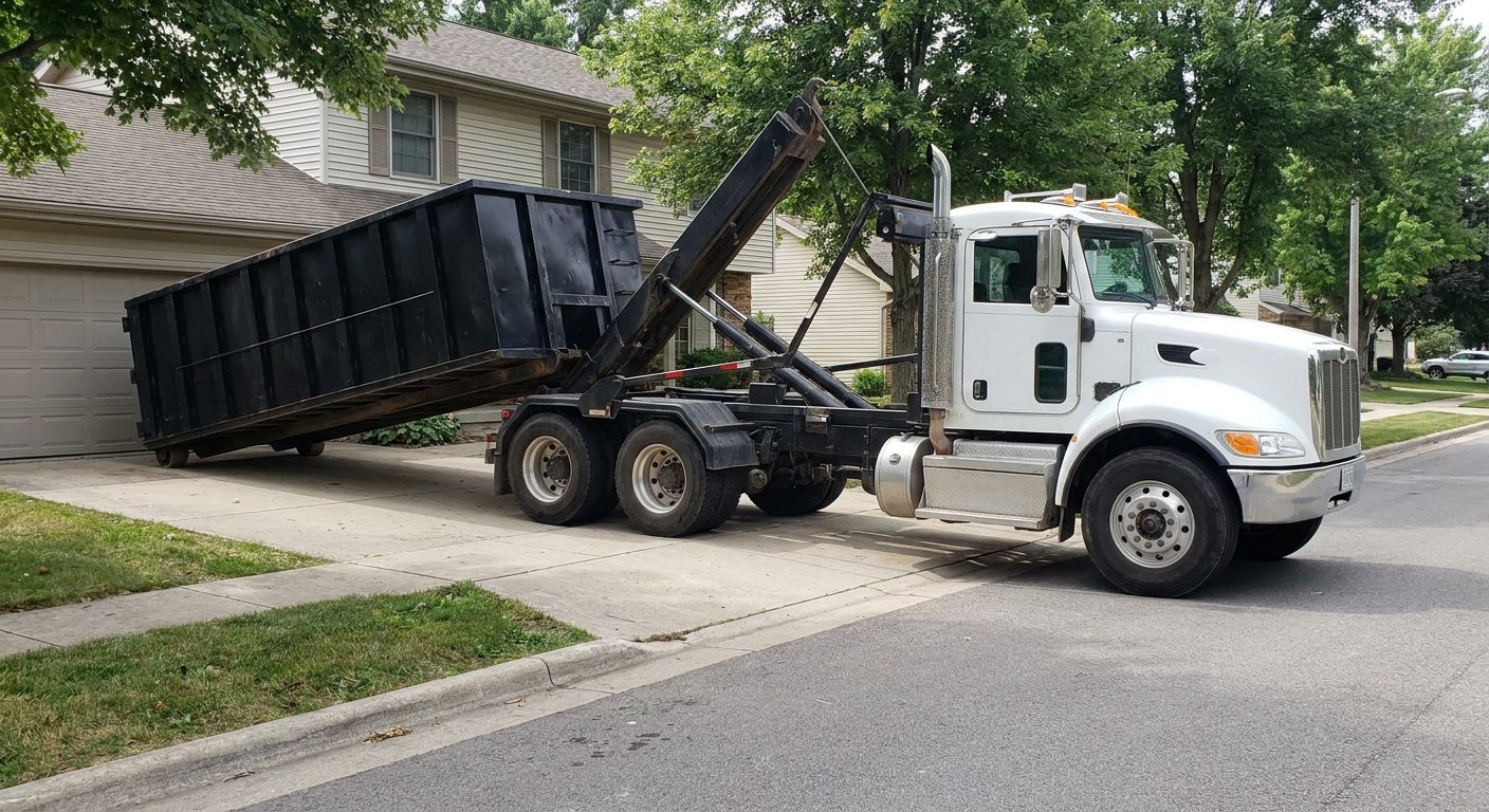 White-cab hooklift roll-off truck actively lowering a matte-black dumpster onto a Dearborn residential concrete driveway, the dumpster's rear wheels touching the driveway as the hoist arm tilts the bed forward, mid-morning daylight.