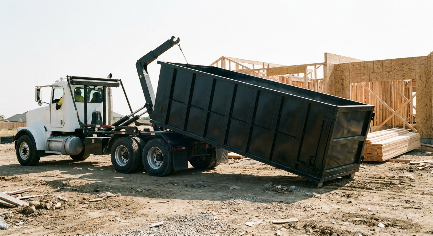 Matte-black roll-off dumpster being delivered onto a clean residential concrete driveway in Dearborn by an unmarked white hooklift hauler truck, bright morning daylight, documentary 35mm perspective.