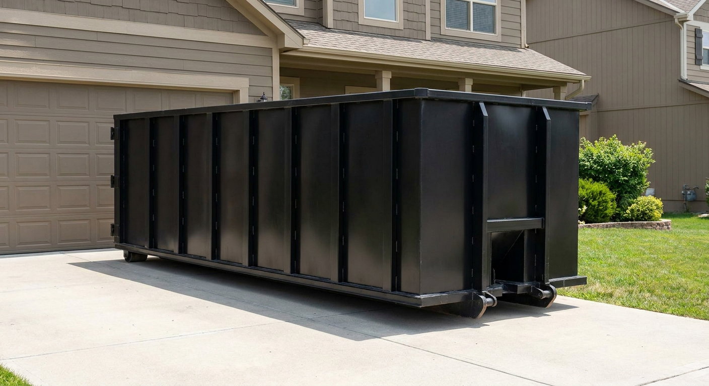 Matte-black residential roll-off dumpster sitting directly on a suburban Dearborn concrete driveway, garage door closed, single-family home in background, bright morning daylight.