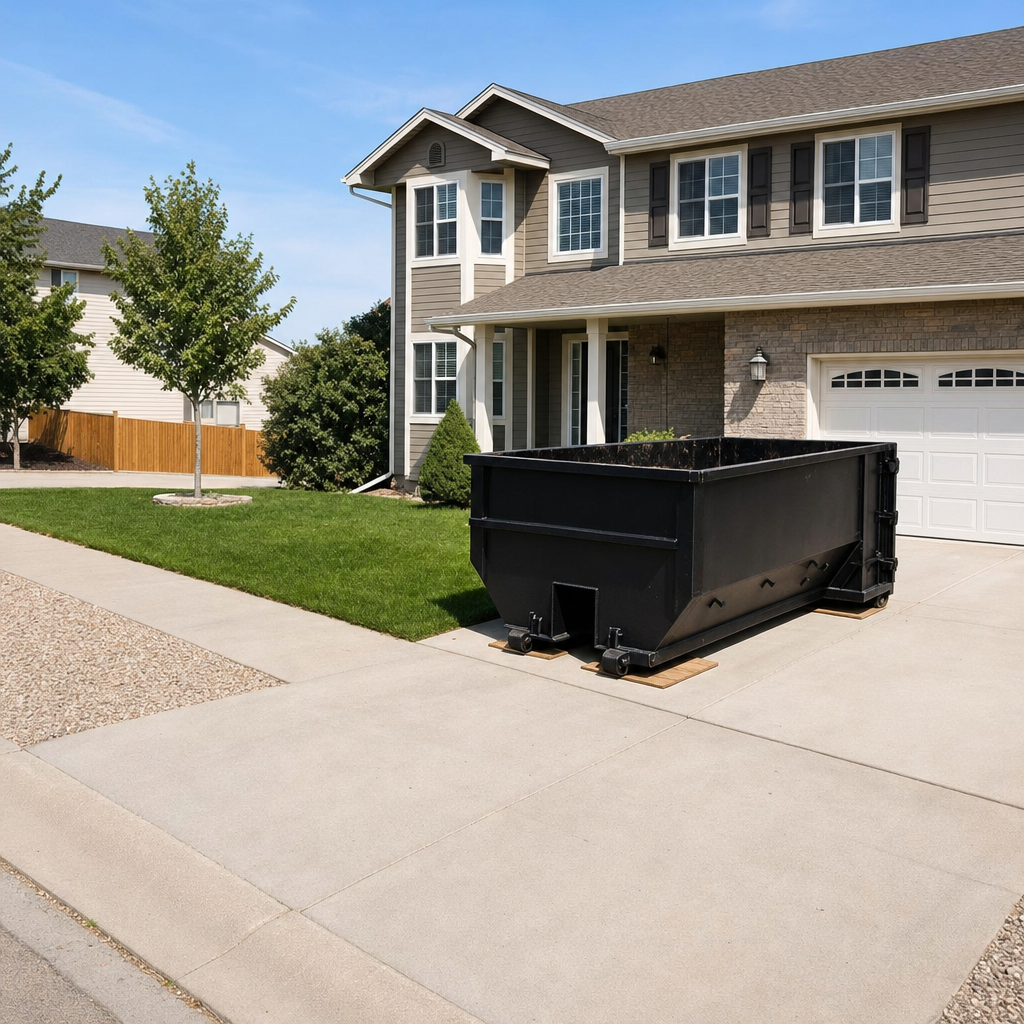10-yard matte-black residential dumpster placed directly on a narrow Dearborn concrete driveway, room remains for a parked sedan beside it, mid-morning natural light