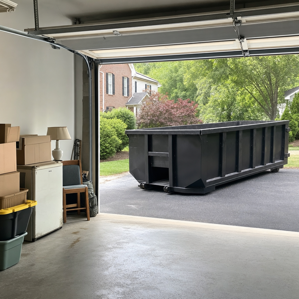 Open garage interior in a Dearborn home mid-cleanout — boxed items, an old appliance, and stacked yard tools queued near the driveway for a matte-black roll-off dumpster, organized and calm