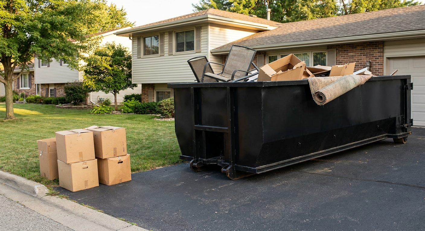 Front-yard view of a Dearborn split-level home with a 20-yard matte-black roll-off dumpster sitting directly on the asphalt driveway, a few clearly labeled donation boxes staged at the curb, calm sunny afternoon.