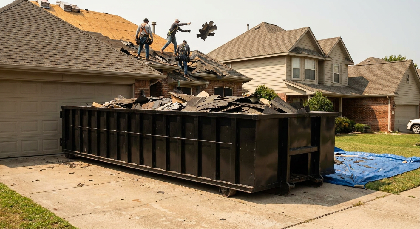 Matte-black roofing roll-off dumpster placed directly on a Dearborn residential concrete driveway, a tear-off crew on a two-story asphalt-shingle roof tossing shingle bundles into the low-walled container, bright daylight, documentary 35mm perspective.