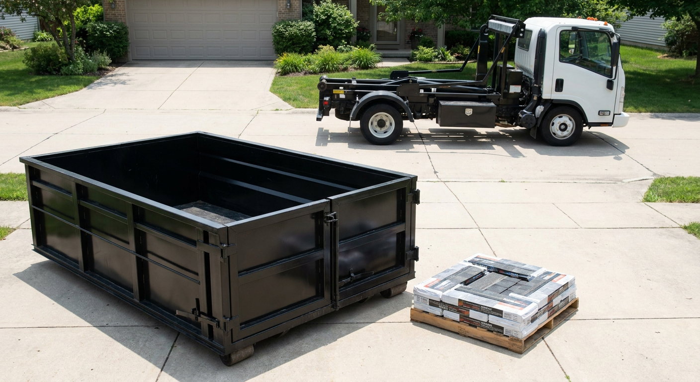 Matte-black 15-yard roofing roll-off dumpster with reinforced low side walls sitting directly on a Dearborn residential concrete driveway, three-tab asphalt shingle bundles stacked nearby, an unmarked white hauler truck partially visible at the edge of the frame.