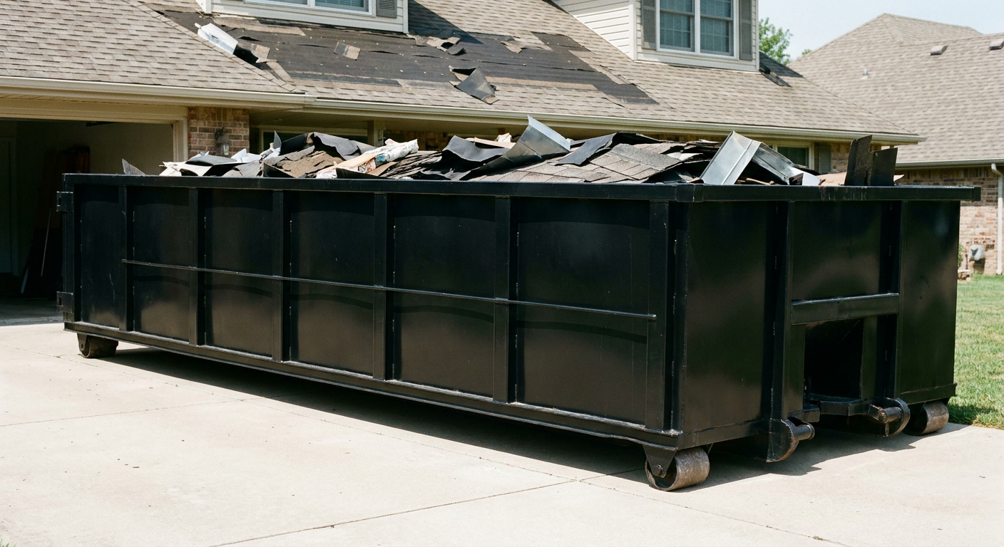 Matte-black 20-yard roofing roll-off dumpster with steel ribbed sides and swinging rear door, sitting directly on the concrete driveway of a two-story Dearborn home, asphalt shingle debris being loaded over the low wall, clean documentary lighting.