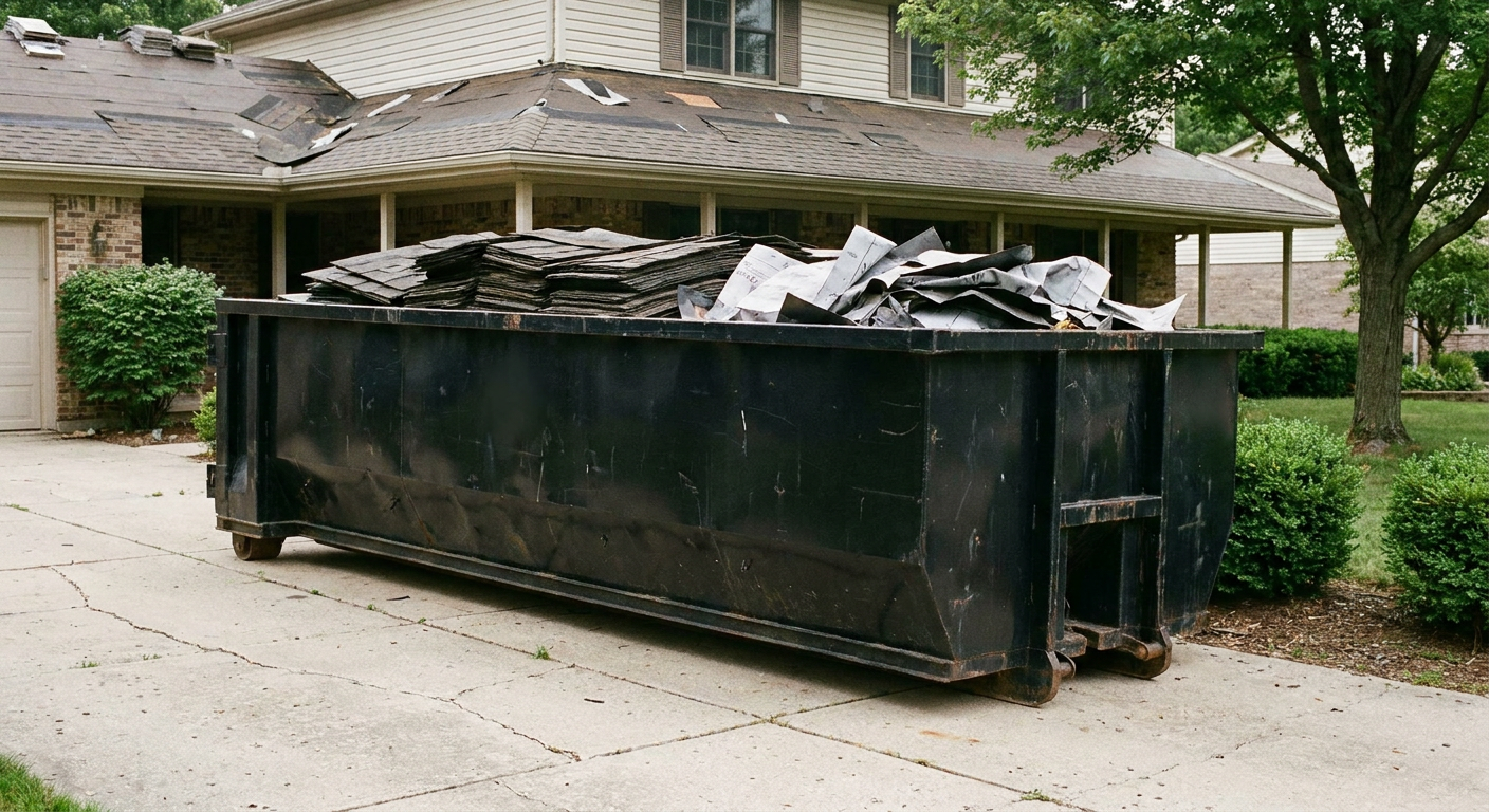 Matte-black 30-yard roofing roll-off dumpster sitting directly on a Dearborn concrete driveway, taller ribbed steel side panels, mixed tear-off debris of asphalt shingles and underlayment inside, professional documentary daylight.