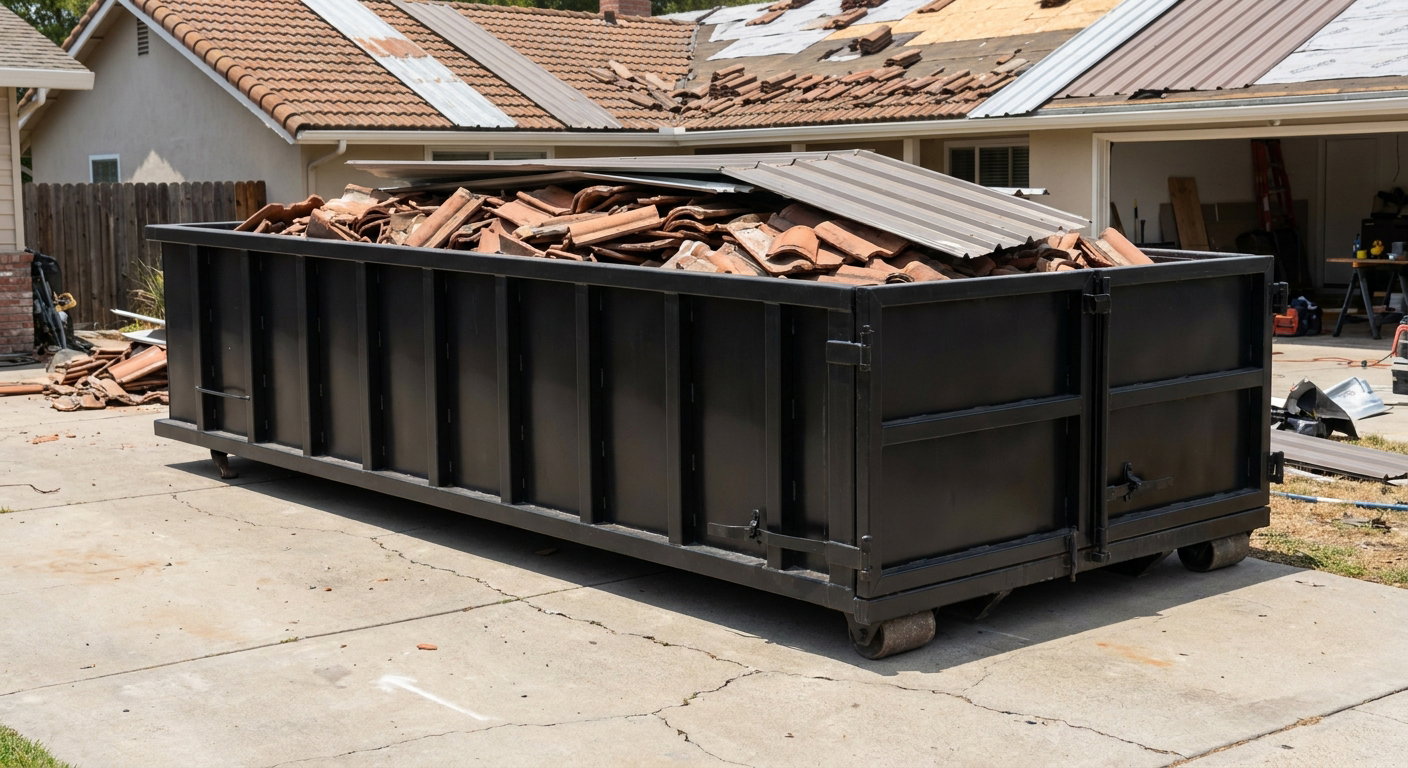 Matte-black low-wall heavy-debris roofing roll-off dumpster sitting directly on a Dearborn concrete driveway, broken concrete clay roof tiles and metal panel sections loaded inside, reinforced ribbed steel side walls visible, bright outdoor daylight.
