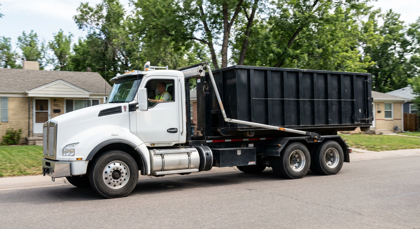 A wide documentary shot of a matte-black roll-off delivery truck pulling onto a quiet Dearborn residential street at mid-morning, with neighborhood rooftops and tree-lined blocks visible behind, showing the metro coverage footprint.