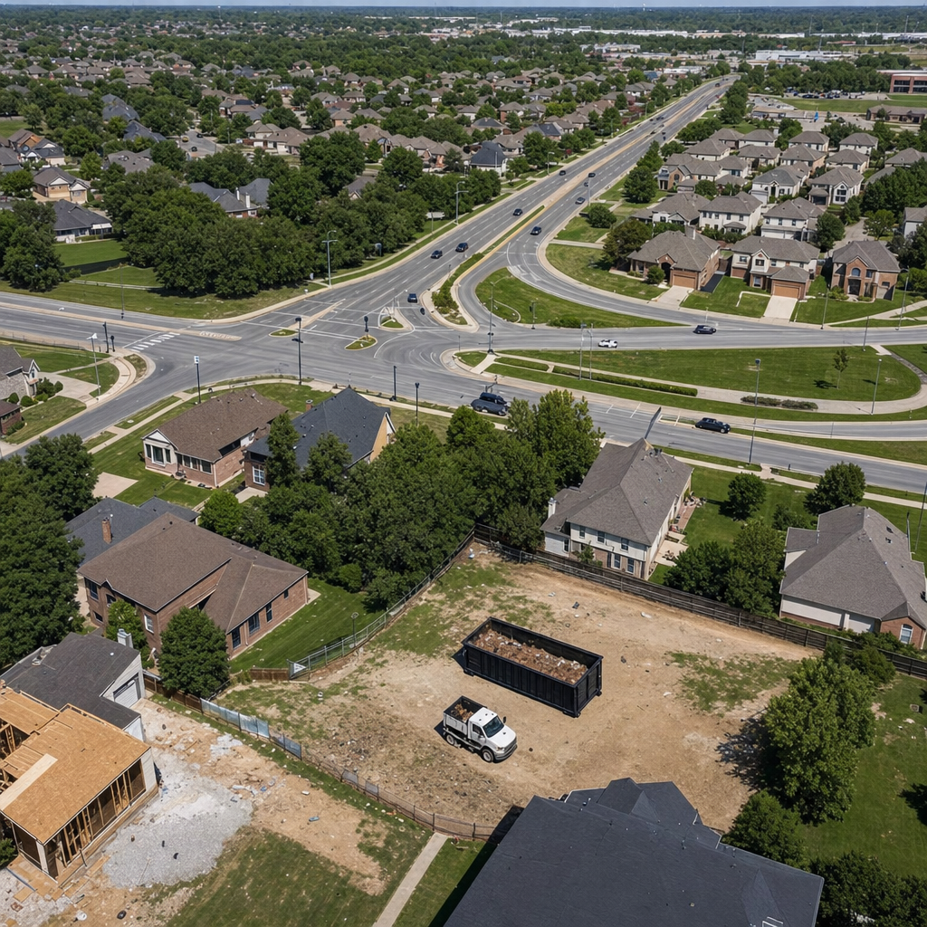 An overhead documentary view of the Dearborn metro area at midday, showing the spread of neighborhoods, arterial roads, and the dispatch radius from a central yard — clean daylight, organized geographic layout.