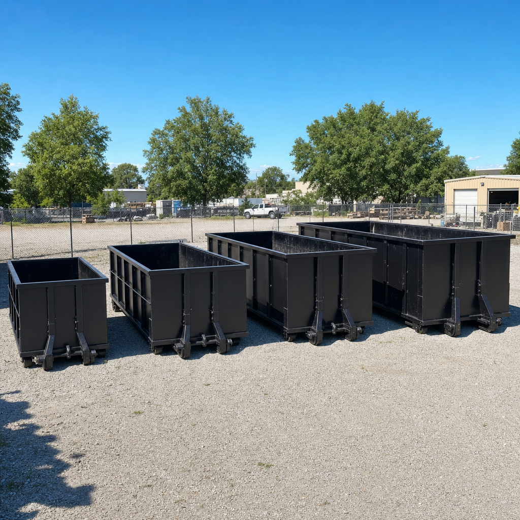 A clean lineup of matte-black roll-off dumpsters in 10, 20, 30, and 40-yard sizes staged on a sunlit gravel yard in Dearborn, showing the size progression from compact to commercial-scale containers.