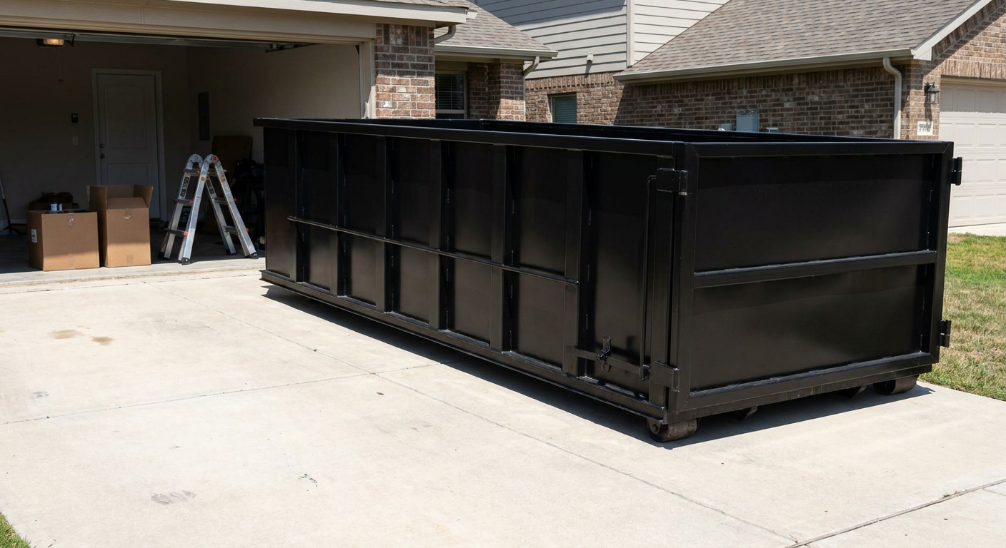 A matte-black 10-yard roll-off dumpster sitting directly on a residential Dearborn concrete driveway, mid-day sunlight, clean and ready for a garage cleanout.