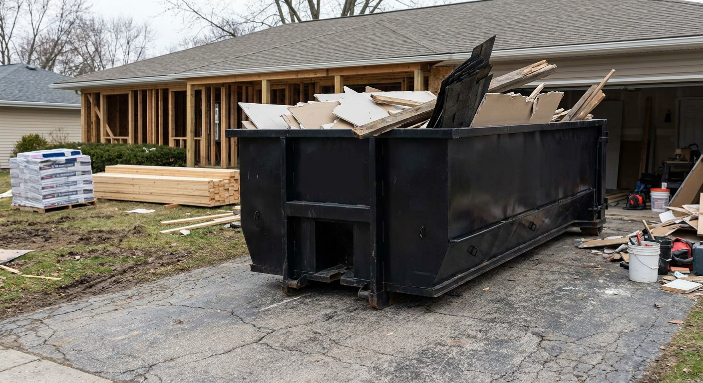 A matte-black 20-yard roll-off dumpster placed alongside a mid-renovation Dearborn home directly on the asphalt driveway, with framing materials and torn-off shingles staged neatly nearby.