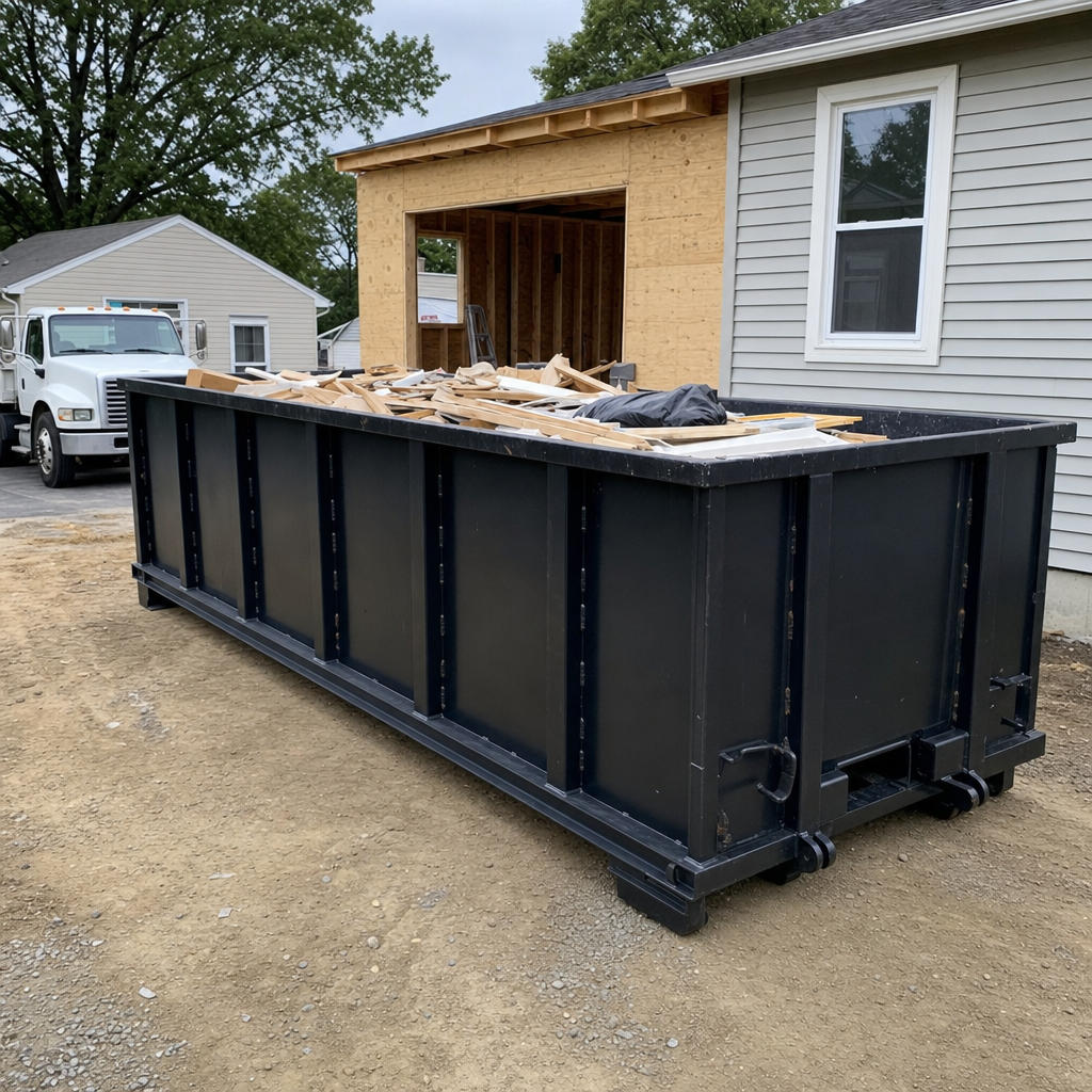 A matte-black 30-yard roll-off dumpster positioned at a Dearborn residential addition jobsite, with framing lumber and drywall scraps loaded through the open swinging rear doors.