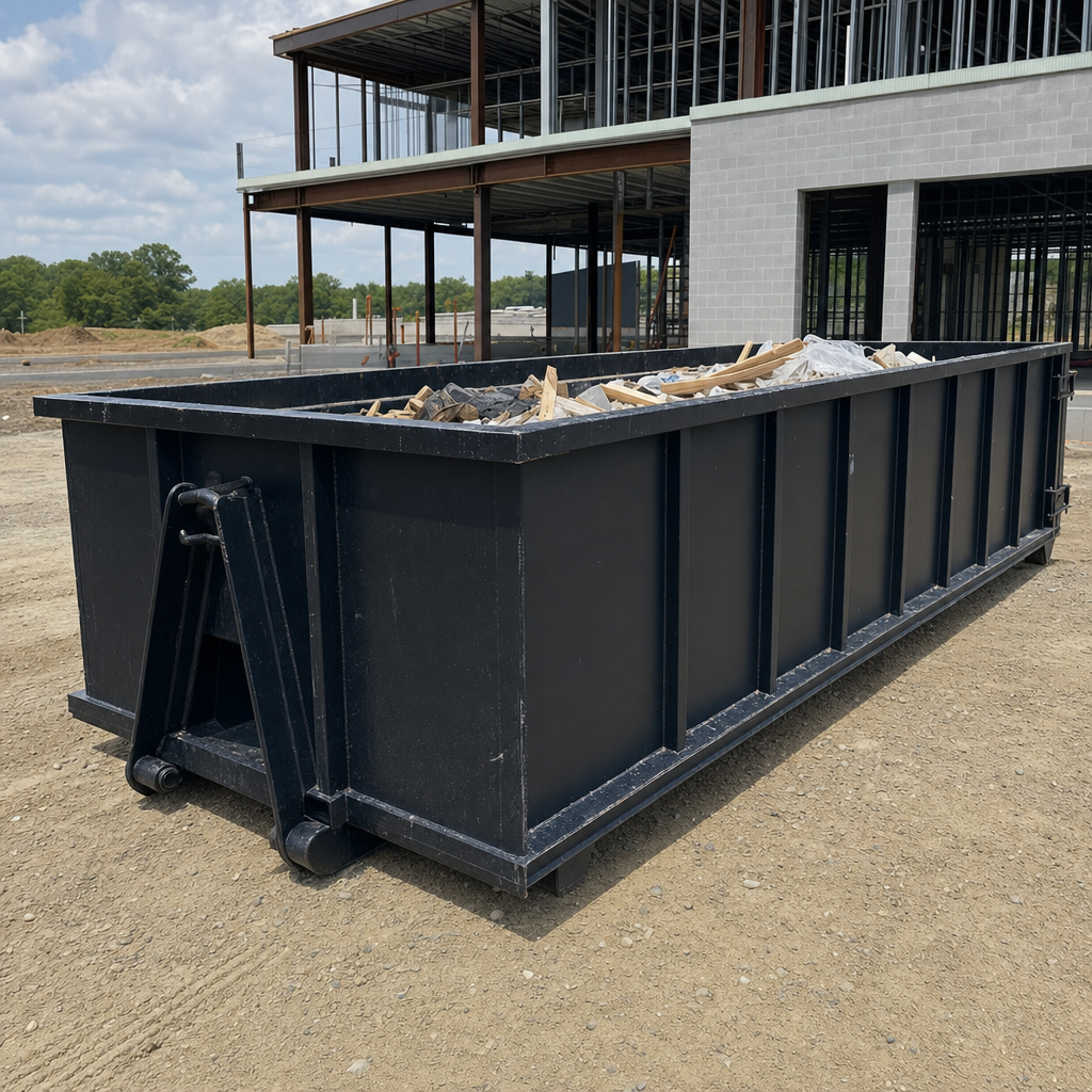 A matte-black 40-yard roll-off dumpster staged on a large Dearborn commercial construction lot, with a hooklift delivery truck parked alongside under bright midday sky.