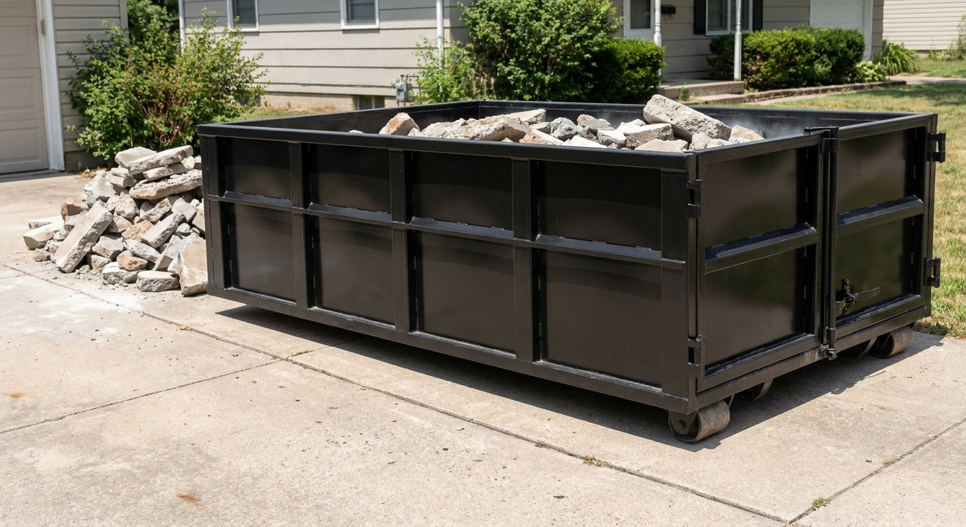 A matte-black low-side heavy-debris roll-off dumpster placed directly on a Dearborn concrete driveway, with broken concrete chunks neatly stacked beside it under clean daylight.
